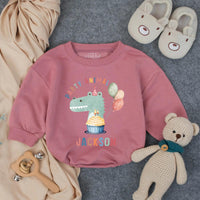 Custom Baby Romper with Party Animal Dinosaur Artwork, Personalized Name, Soft Cotton, Perfect for First Birthday Outfit or Cake Smash