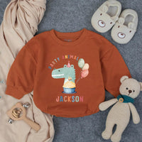Custom Baby Romper with Party Animal Dinosaur Artwork, Personalized Name, Soft Cotton, Perfect for First Birthday Outfit or Cake Smash