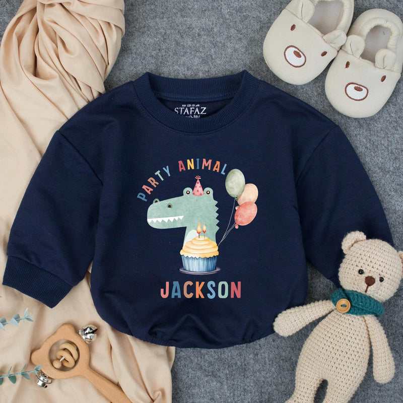 Custom Baby Romper with Party Animal Dinosaur Artwork, Personalized Name, Soft Cotton, Perfect for First Birthday Outfit or Cake Smash