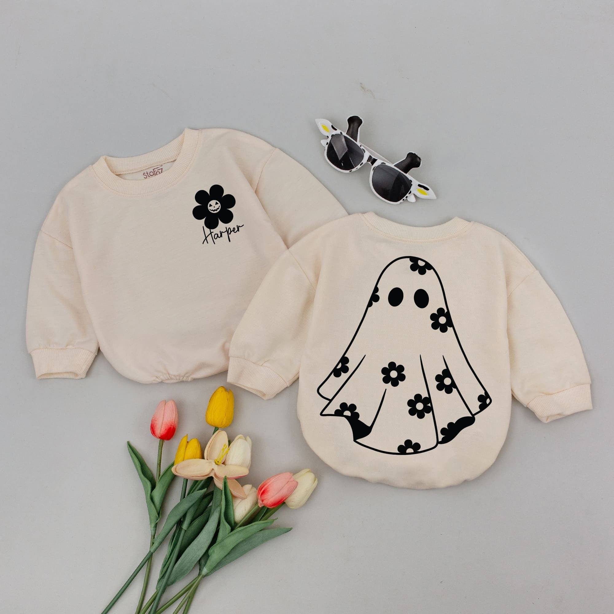 Custom Baby Romper with Playful Ghost and White Flowers Fall Halloween Outfit Soft Cotton Infant Toddler Gift Earthy Brown Design