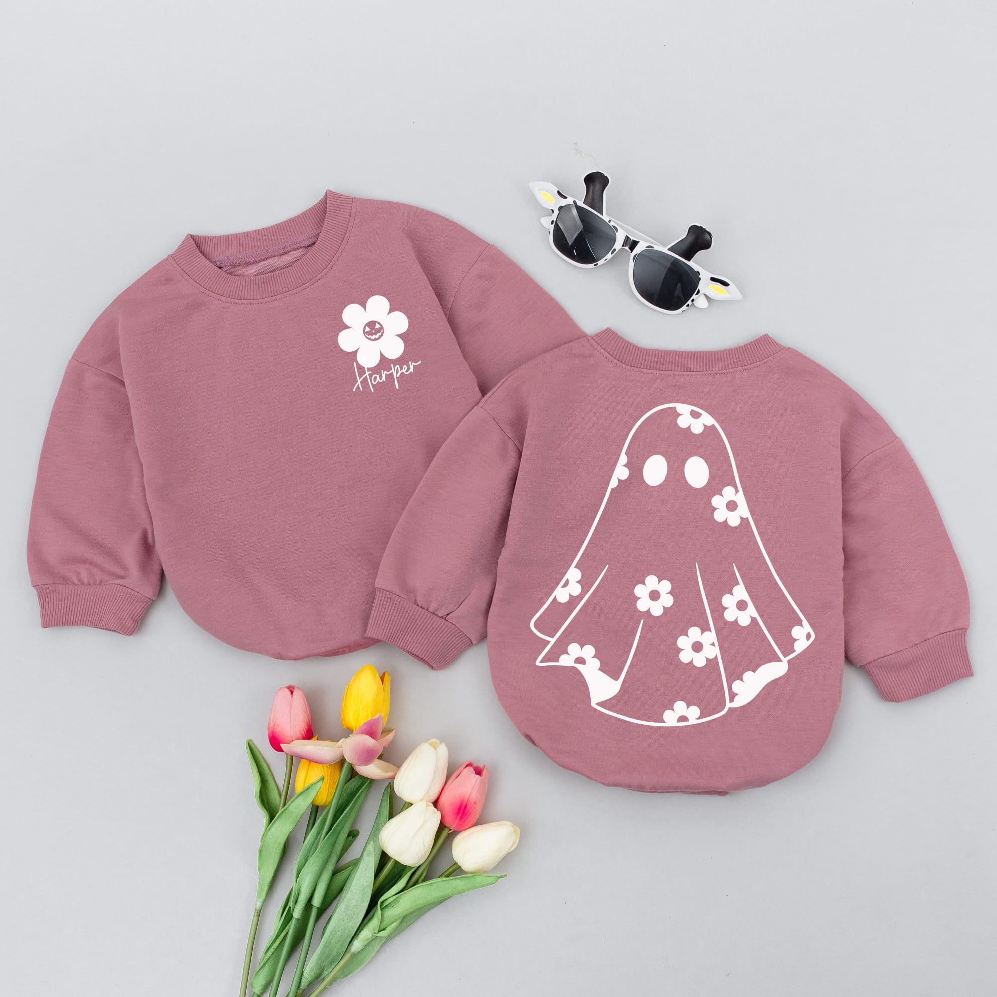 Custom Baby Romper with Playful Ghost and White Flowers Fall Halloween Outfit Soft Cotton Infant Toddler Gift Earthy Brown Design