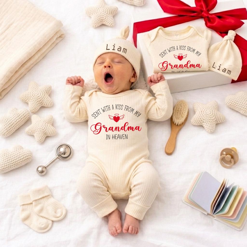 Custom Baby Romper Set - 'Sent With A Kiss From My Grandma In Heaven' Design, Soft Cotton Long Sleeve Outfit, Perfect for Newborn Gifts