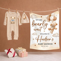 Custom Baby Shower Silk Welcome Sign & Bodysuit Set, We Can Bearly Wait Theme, Neutral Boho Decor, Soft Cotton Outfit for Newborns