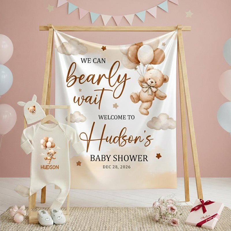 Custom Baby Shower Silk Welcome Sign & Bodysuit Set, We Can Bearly Wait Theme, Neutral Boho Decor, Soft Cotton Outfit for Newborns