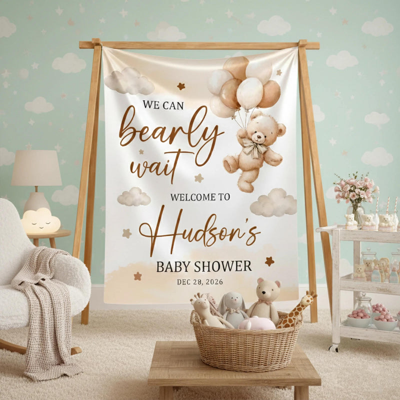 Custom Baby Shower Silk Welcome Sign & Bodysuit Set, We Can Bearly Wait Theme, Neutral Boho Decor, Soft Cotton Outfit for Newborns