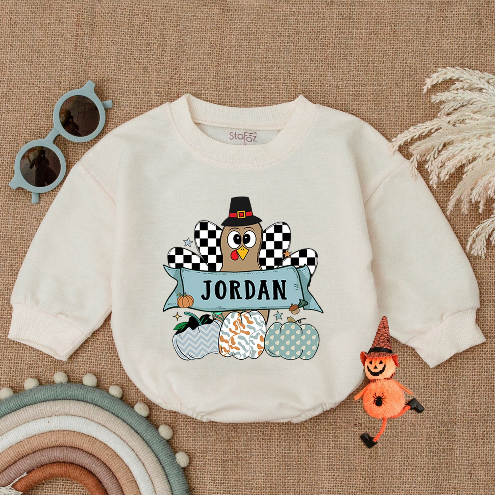 Custom Baby Thanksgiving Romper Whimsical Turkey Fall Outfit Personalize Name Teal Orange Pumpkins Checkered Pattern Infant Gift