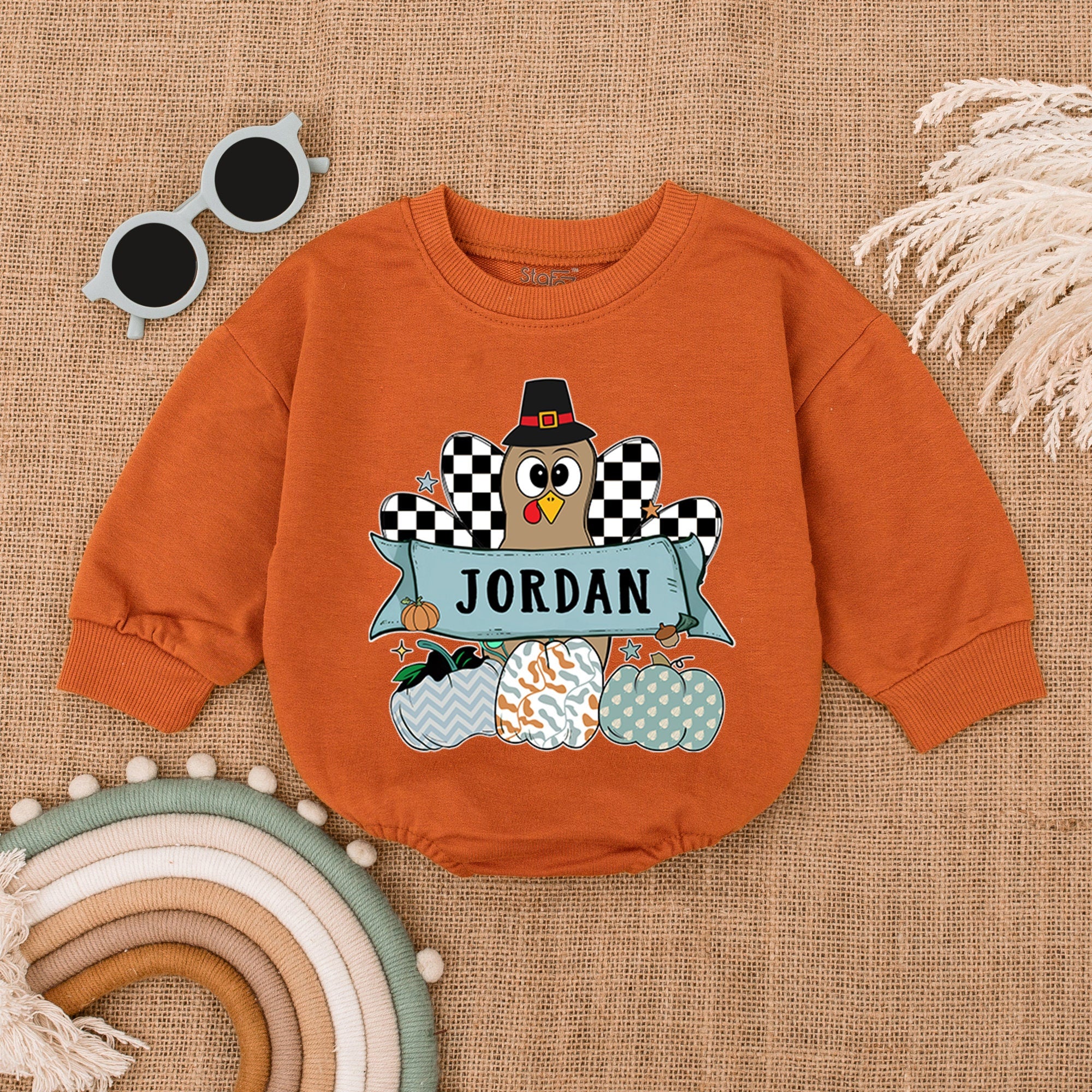 Custom Baby Thanksgiving Romper Whimsical Turkey Fall Outfit Personalize Name Teal Orange Pumpkins Checkered Pattern Infant Gift
