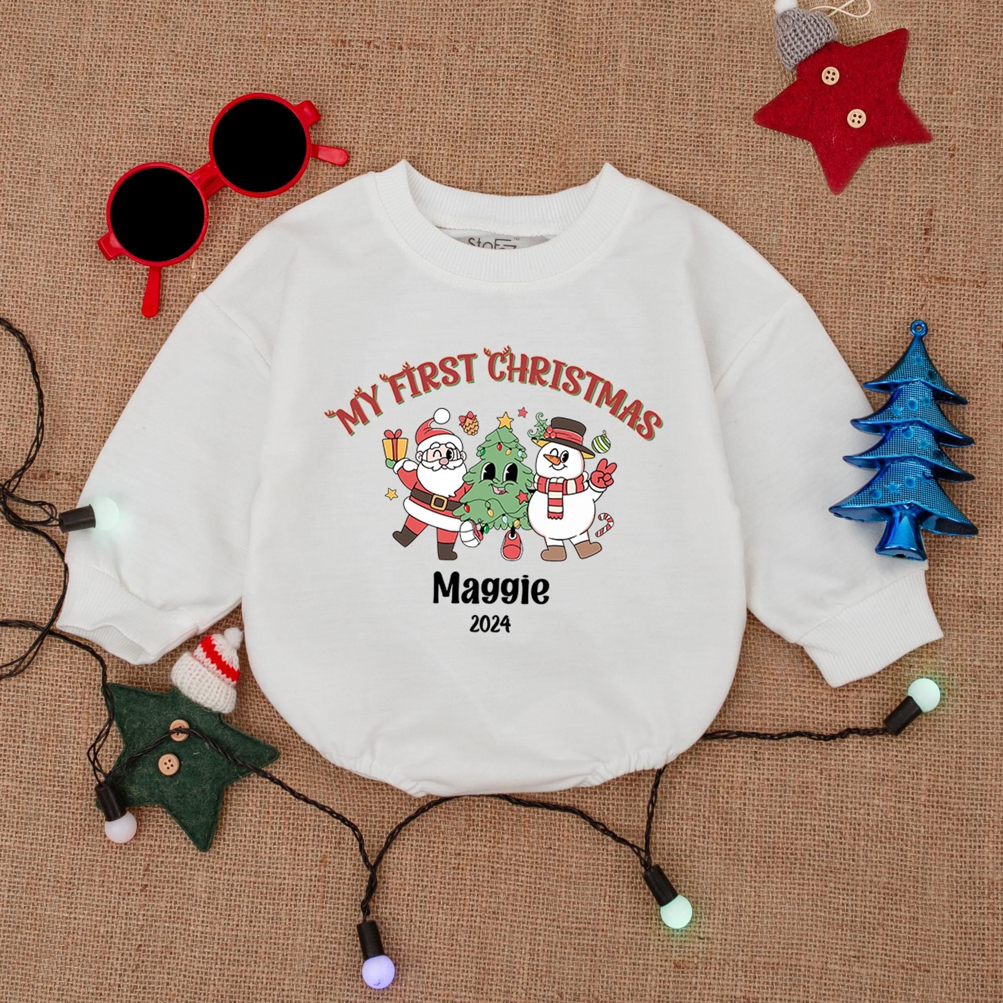 Custom Baby's First Christmas Outfit Snowman Reindeer Romper Personalized Name Bodysuit Holiday Newborn Gift 2024 Winter Pullover