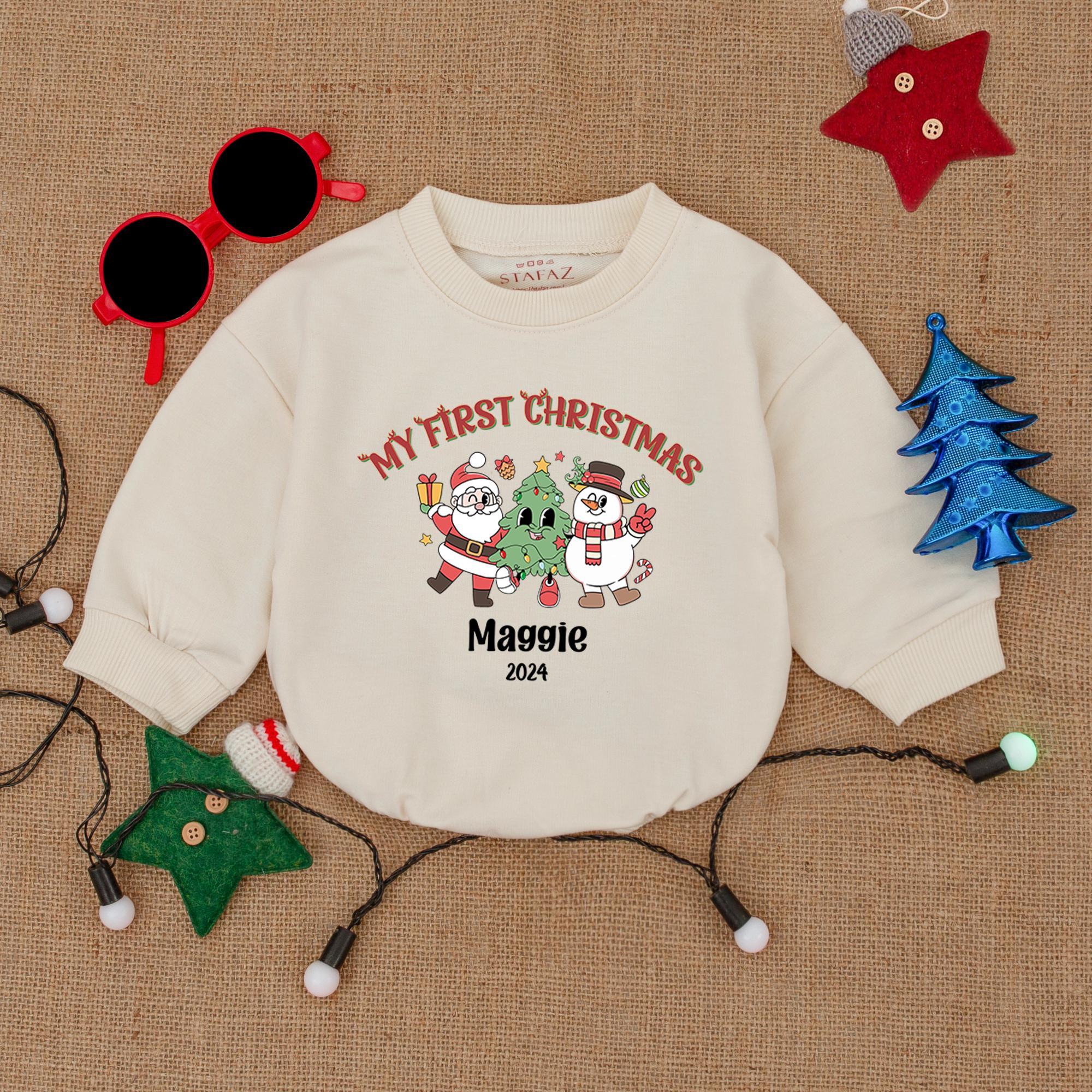 Custom Baby's First Christmas Outfit Snowman Reindeer Romper Personalized Name Bodysuit Holiday Newborn Gift 2024 Winter Pullover