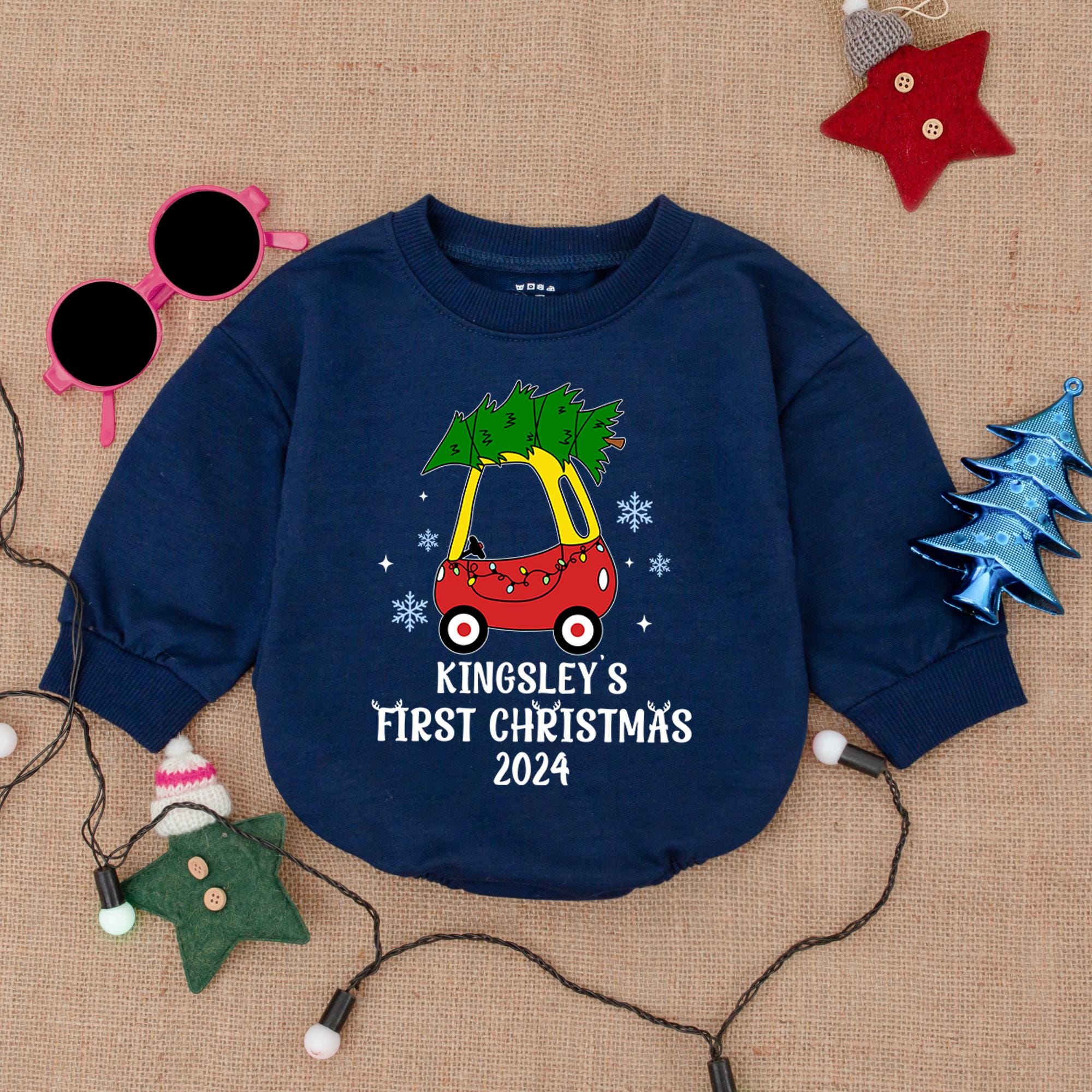 Custom Baby's First Christmas Romper with Red Car Tree Design Festive Infant Outfit Personalized Holiday Baby Shower Gift 2024