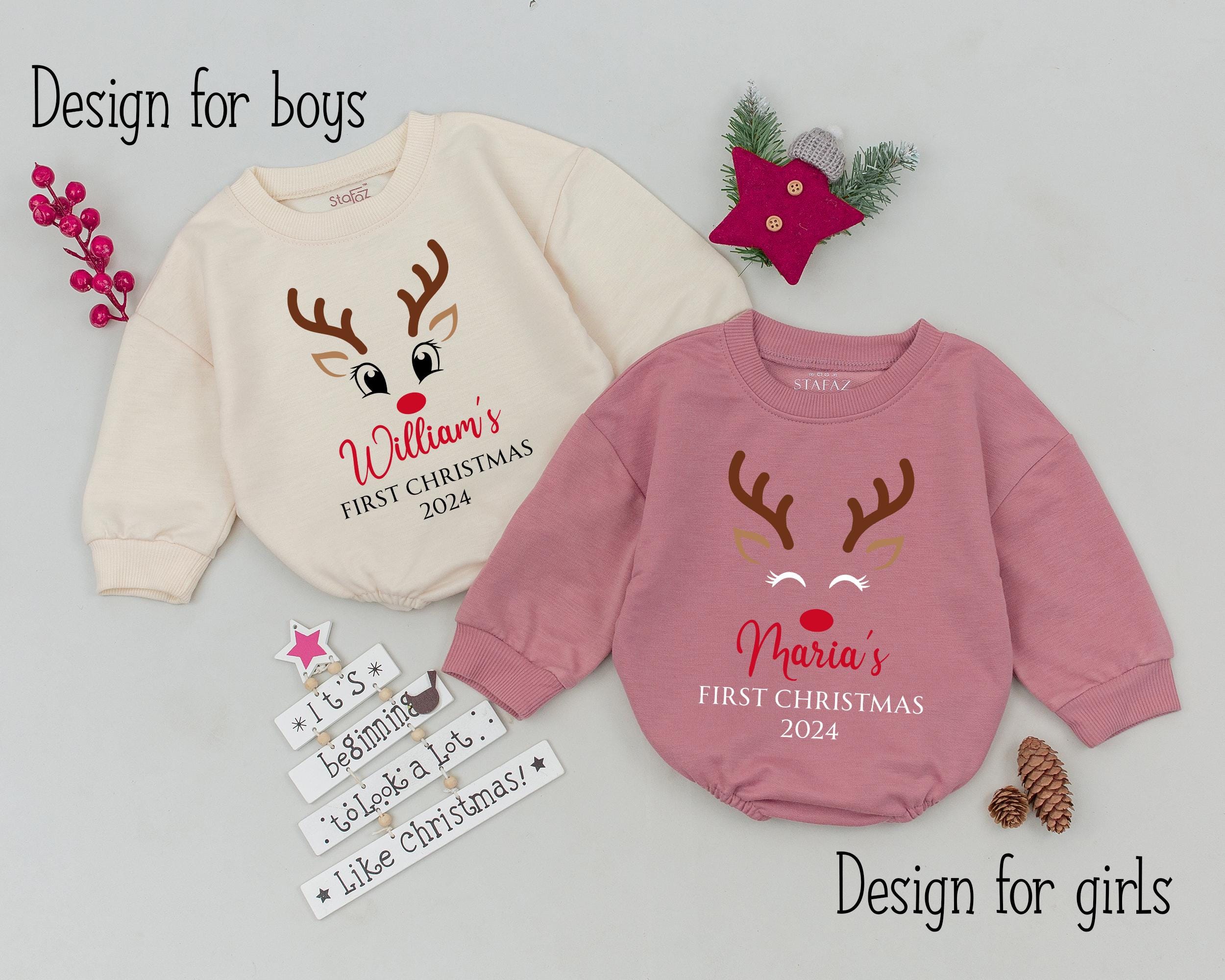 Custom Baby's First Christmas Romper with Reindeer Face Personalized Outfit Infant Holiday Gift Cotton Festive 2024 Celebration Clothes