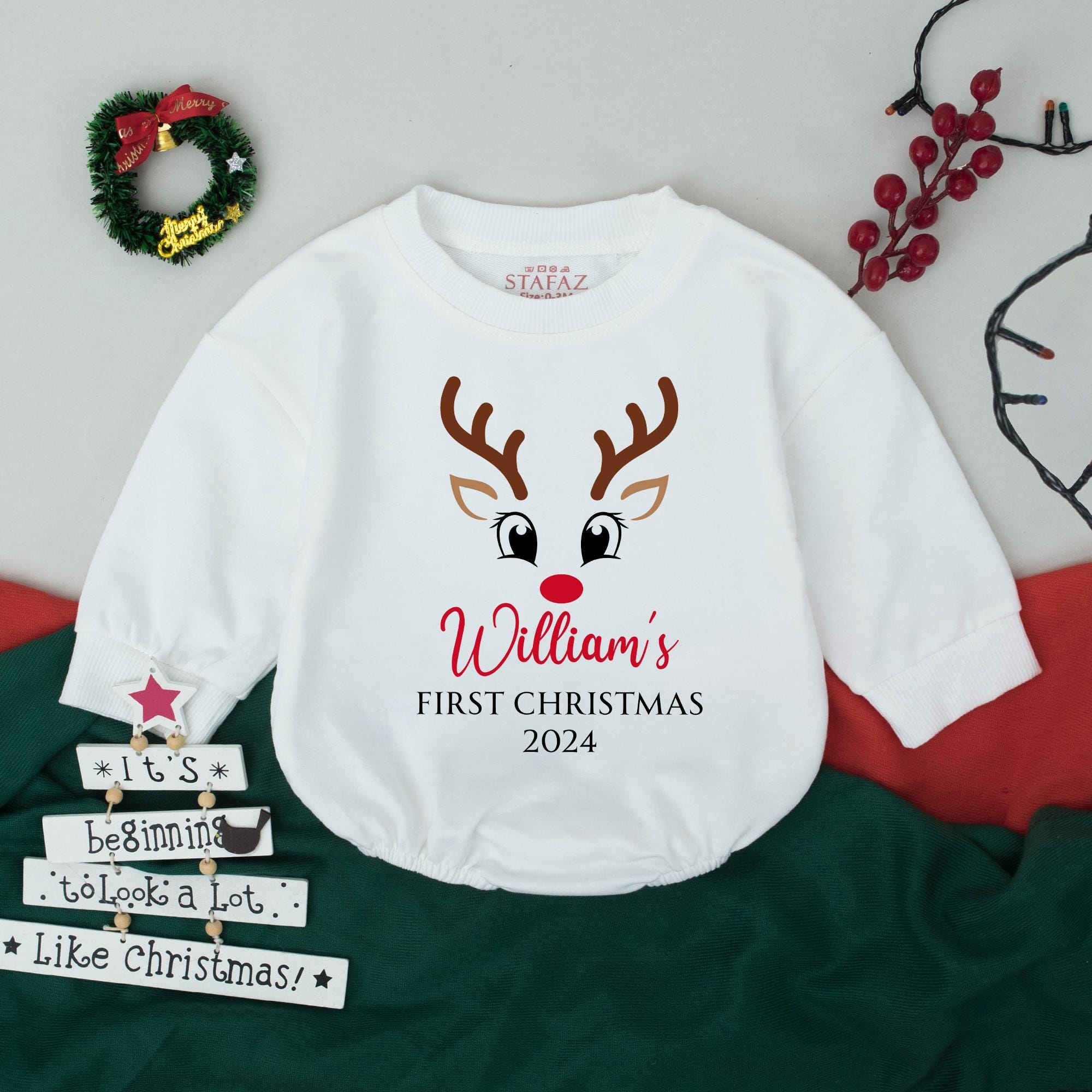 Custom Baby's First Christmas Romper with Reindeer Face Personalized Outfit Infant Holiday Gift Cotton Festive 2024 Celebration Clothes