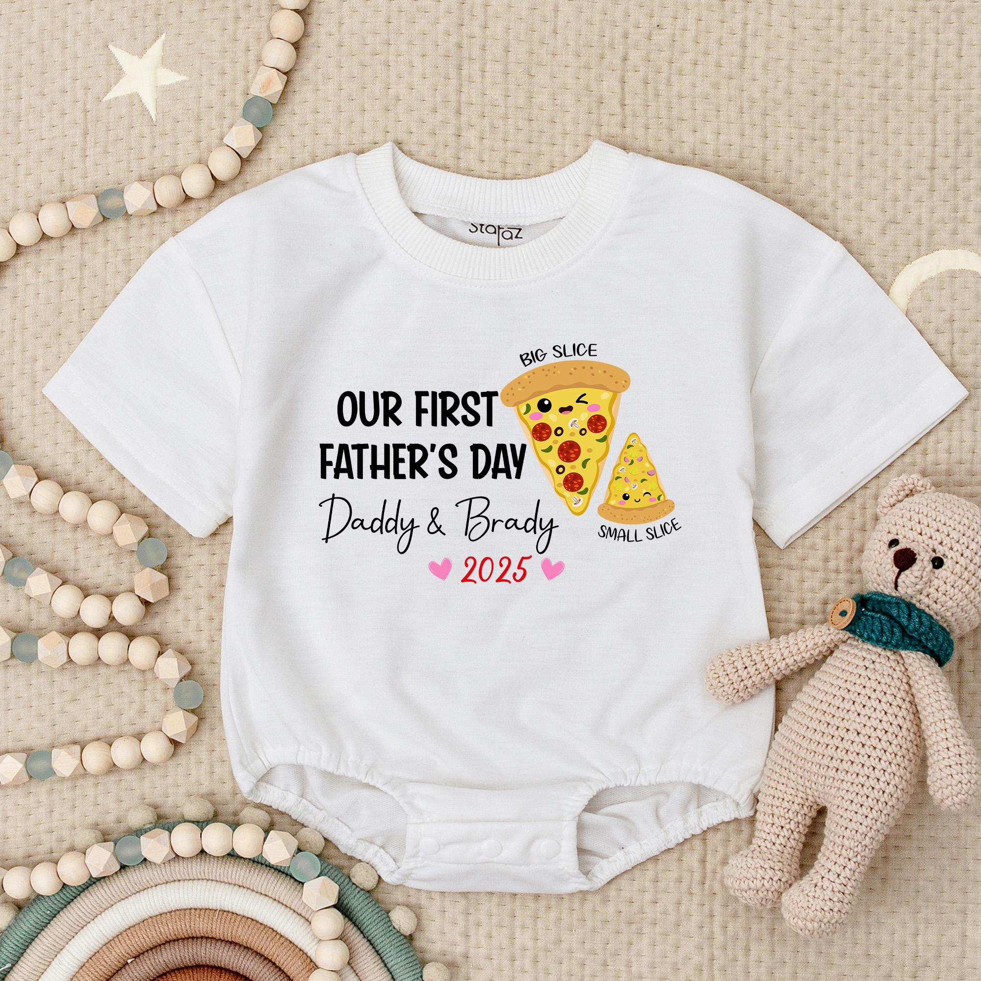 Custom Baby's First Father's Day Pizza Romper Daddy & Brady 2025 Soft Cotton Infant Bodysuit Yellow Red Green Playful Design Gift
