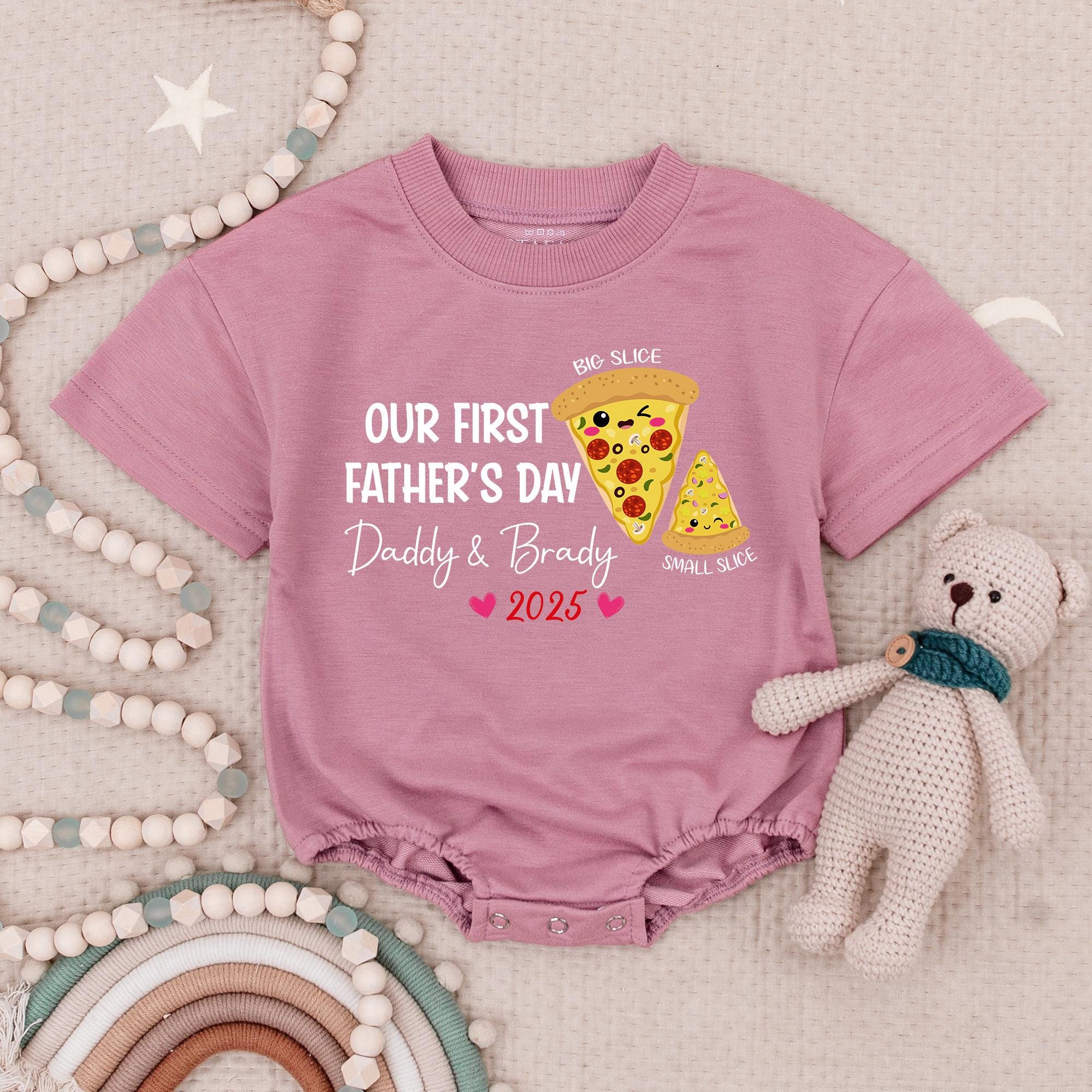 Custom Baby's First Father's Day Pizza Romper Daddy & Brady 2025 Soft Cotton Infant Bodysuit Yellow Red Green Playful Design Gift
