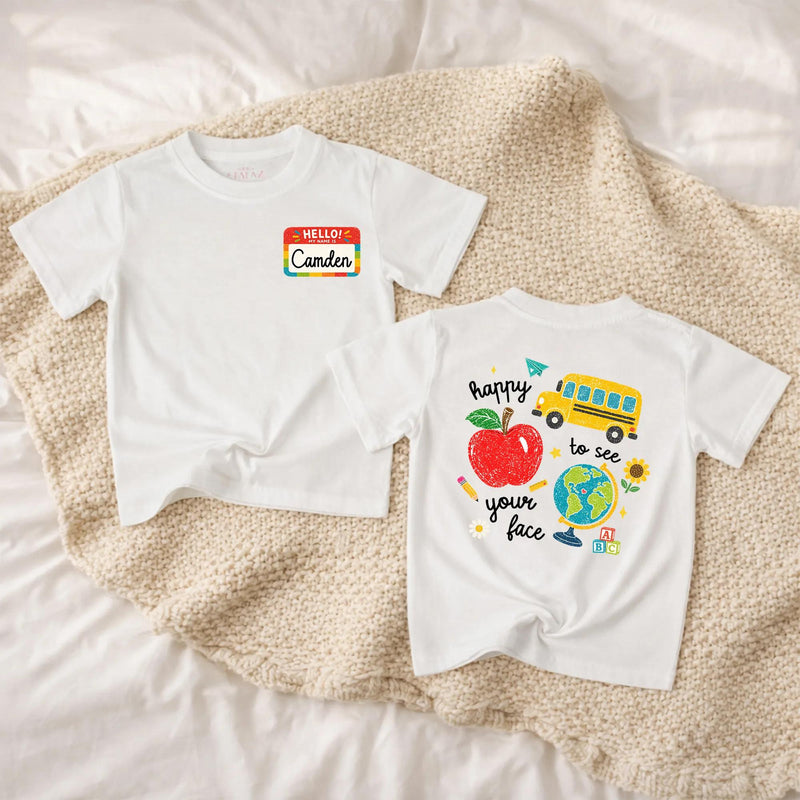Custom Back to School Shirt with Name Camden, Colorful Doodle Design Kids Tee Featuring Apple, Bus, Globe, Perfect for First Day Outfit