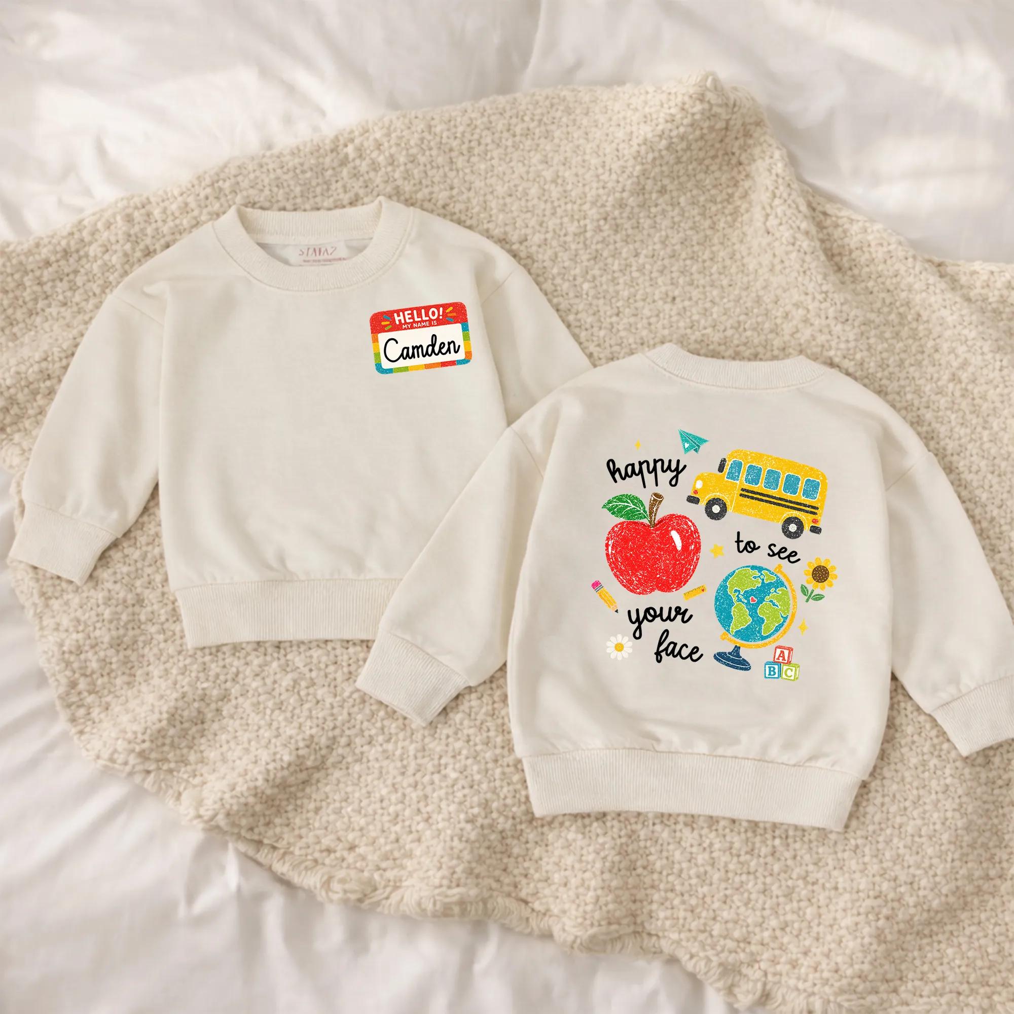 Custom Back to School Shirt with Name Camden, Colorful Doodle Design Kids Tee Featuring Apple, Bus, Globe, Perfect for First Day Outfit