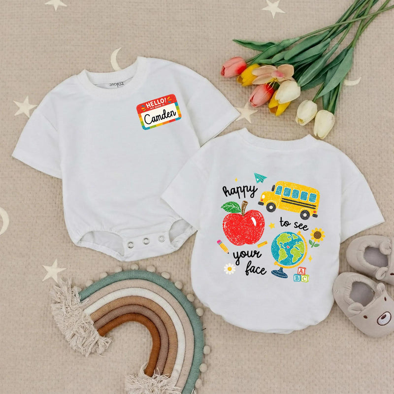 Custom Back to School Shirt with Name Camden, Colorful Doodle Design Kids Tee Featuring Apple, Bus, Globe, Perfect for First Day Outfit