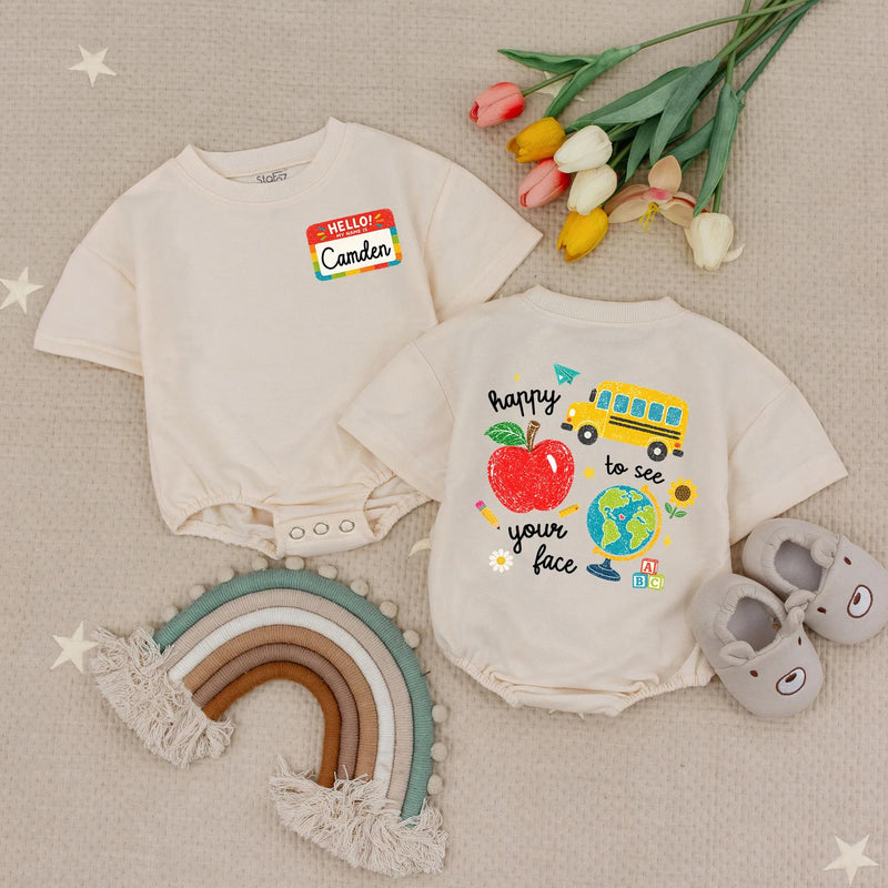 Custom Back to School Shirt with Name Camden, Colorful Doodle Design Kids Tee Featuring Apple, Bus, Globe, Perfect for First Day Outfit