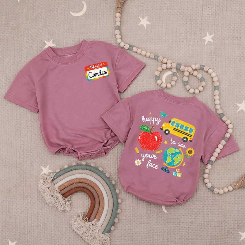 Custom Back to School Shirt with Name Camden, Colorful Doodle Design Kids Tee Featuring Apple, Bus, Globe, Perfect for First Day Outfit