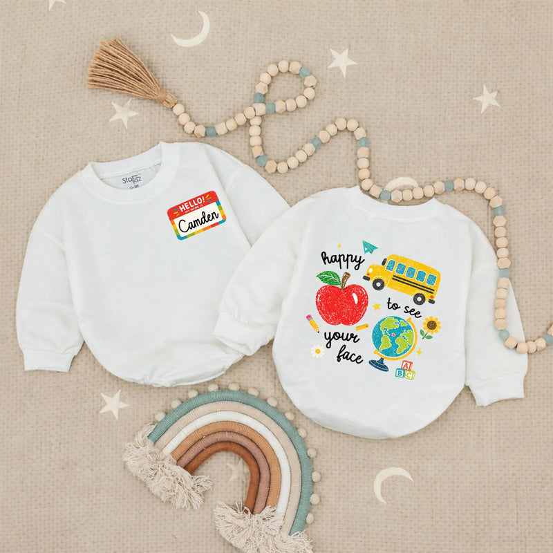 Custom Back to School Shirt with Name Camden, Colorful Doodle Design Kids Tee Featuring Apple, Bus, Globe, Perfect for First Day Outfit