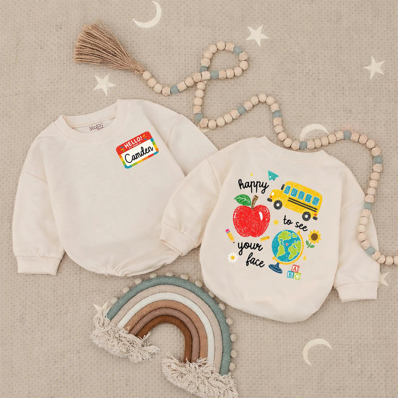 Custom Back to School Shirt with Name Camden, Colorful Doodle Design Kids Tee Featuring Apple, Bus, Globe, Perfect for First Day Outfit