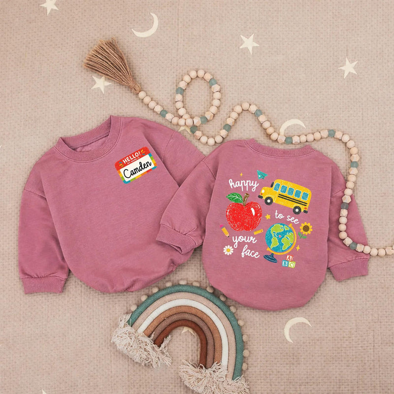 Custom Back to School Shirt with Name Camden, Colorful Doodle Design Kids Tee Featuring Apple, Bus, Globe, Perfect for First Day Outfit