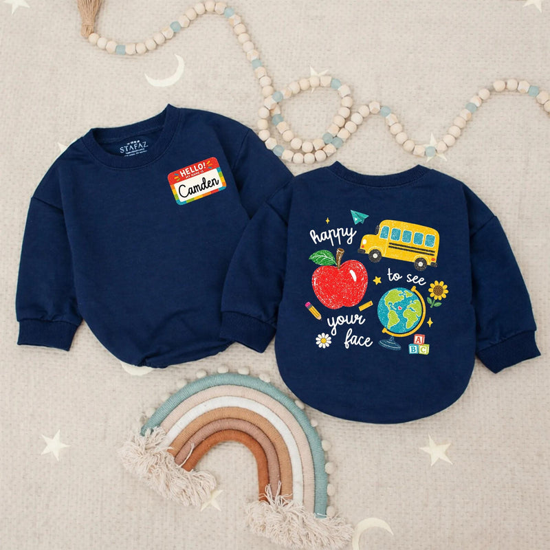 Custom Back to School Shirt with Name Camden, Colorful Doodle Design Kids Tee Featuring Apple, Bus, Globe, Perfect for First Day Outfit
