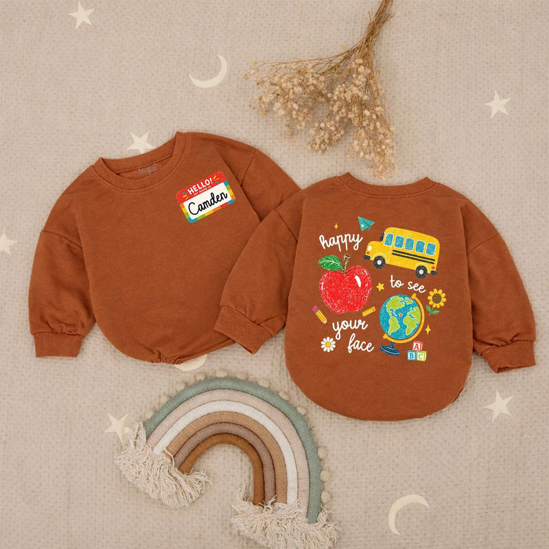 Custom Back to School Shirt with Name Camden, Colorful Doodle Design Kids Tee Featuring Apple, Bus, Globe, Perfect for First Day Outfit