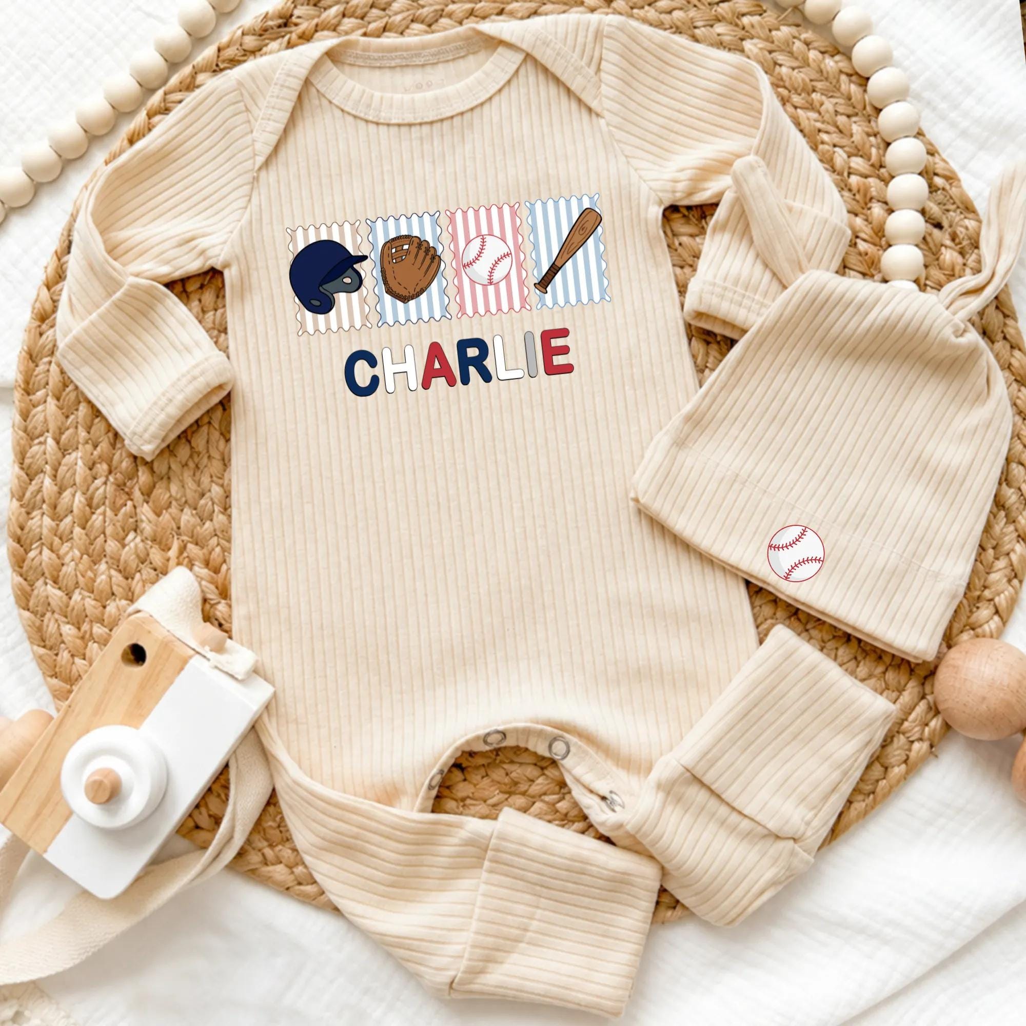Custom Baseball Baby Bodysuit & Hat Set with Name, Soft Ribbed Cotton Newborn Outfit, Sports-Themed Gift for Baby Boy Coming Home