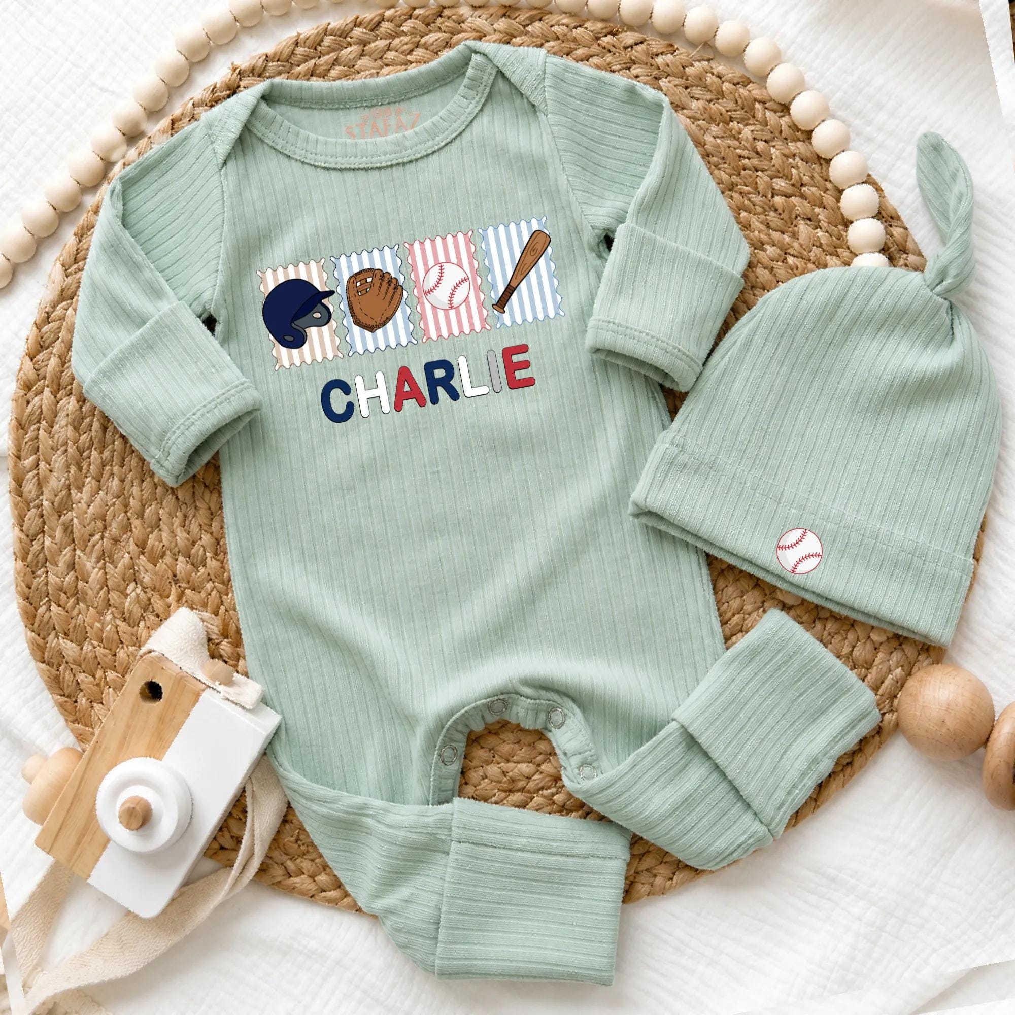 Custom Baseball Baby Bodysuit & Hat Set with Name, Soft Ribbed Cotton Newborn Outfit, Sports-Themed Gift for Baby Boy Coming Home