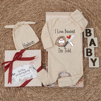 Custom Baseball Baby Bodysuit Set with Hat, I Love Baseball Artwork, Soft Cotton Newborn Outfit for Baby Shower or Coming Home Gift