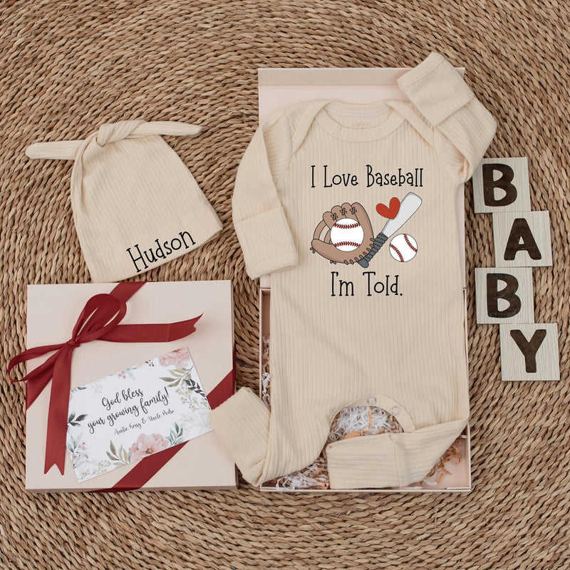 Custom Baseball Baby Bodysuit Set with Hat, I Love Baseball Artwork, Soft Cotton Newborn Outfit for Baby Shower or Coming Home Gift