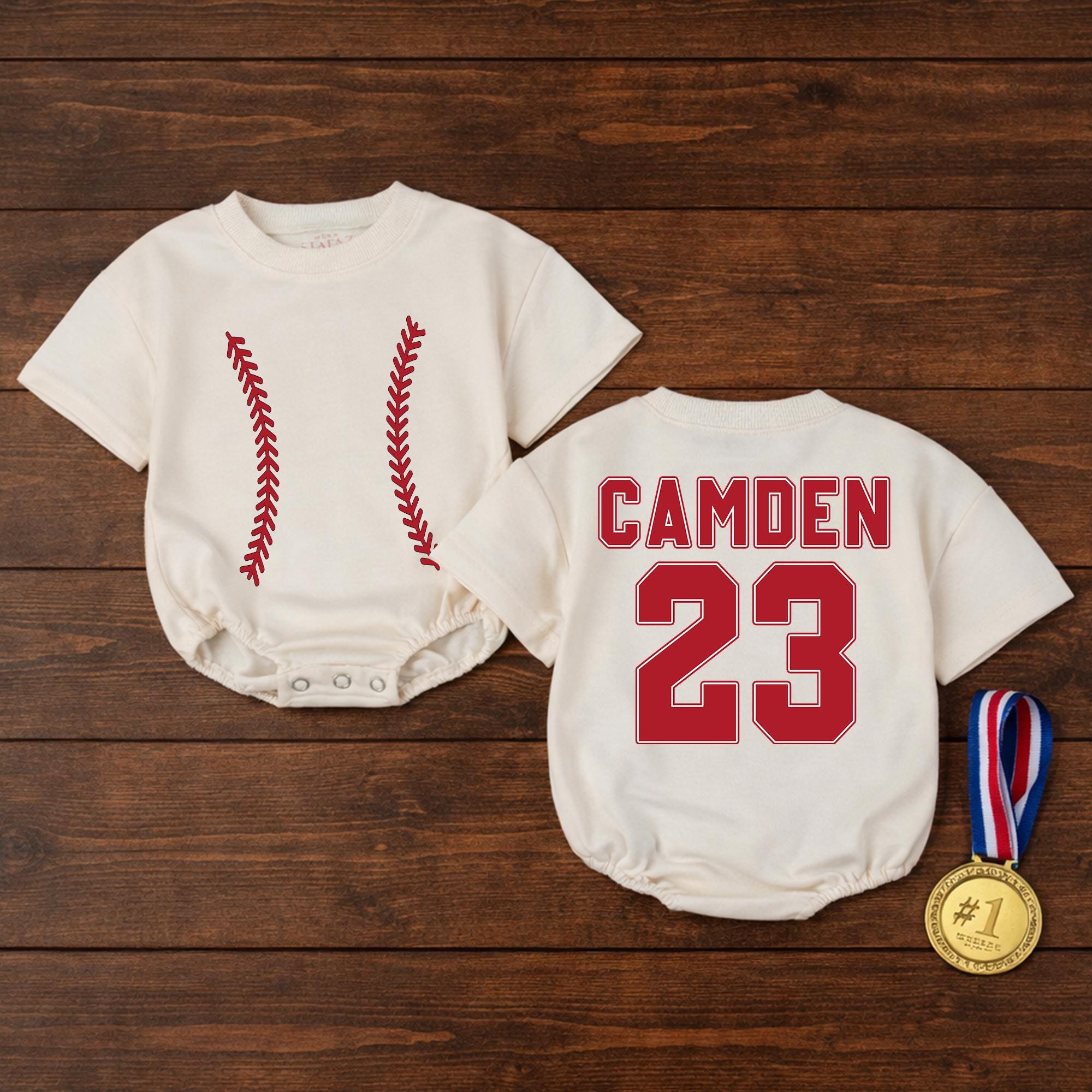 Custom Baseball Baby Bubble Romper Red Varsity Jersey Outfit Camden 23 Cotton Sports Infant Gift Birthday Party Comfort