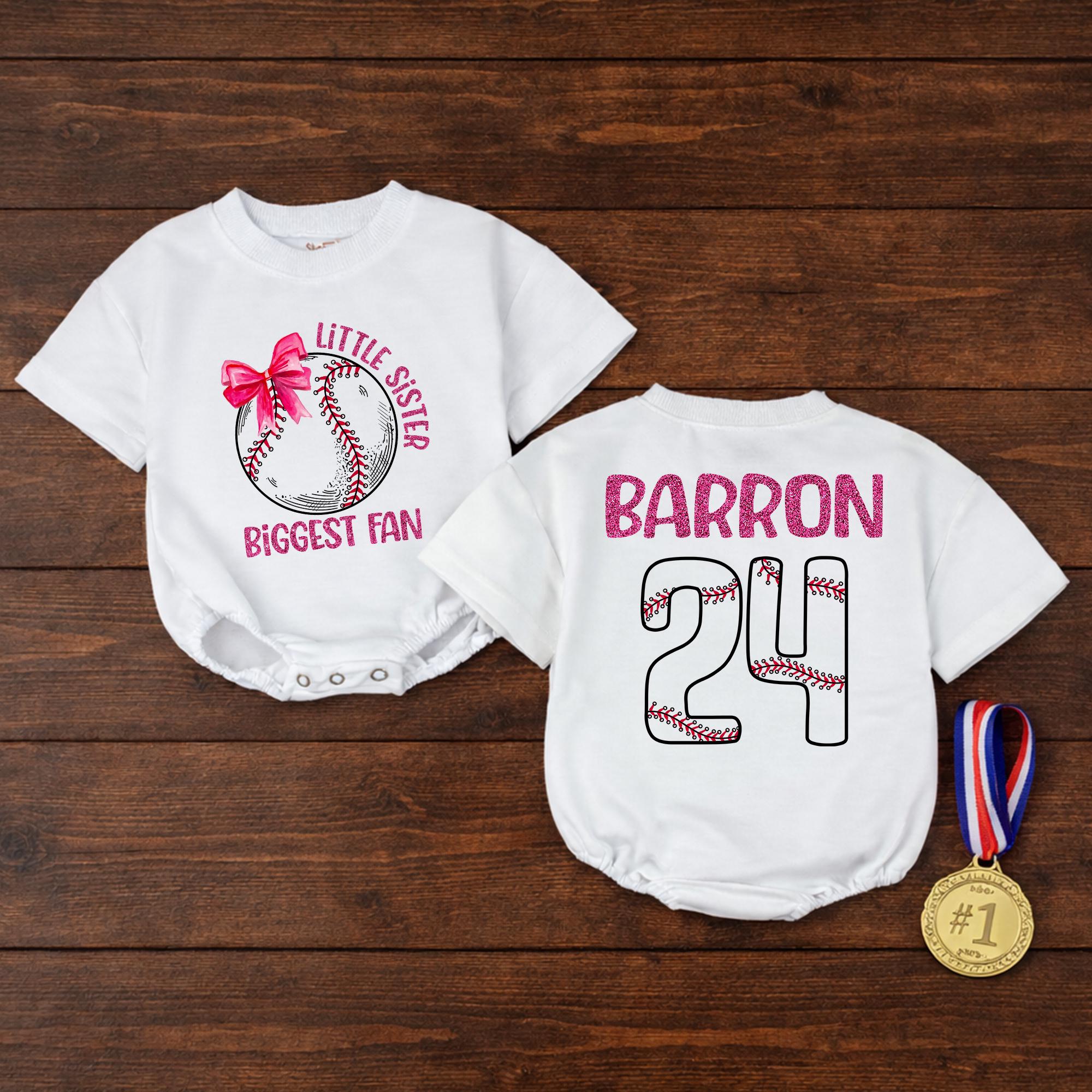 Custom Baseball Baby Romper for Little Sister, Biggest Fan Design, Personalized Name and Number, Matching Family Game Day Outfit