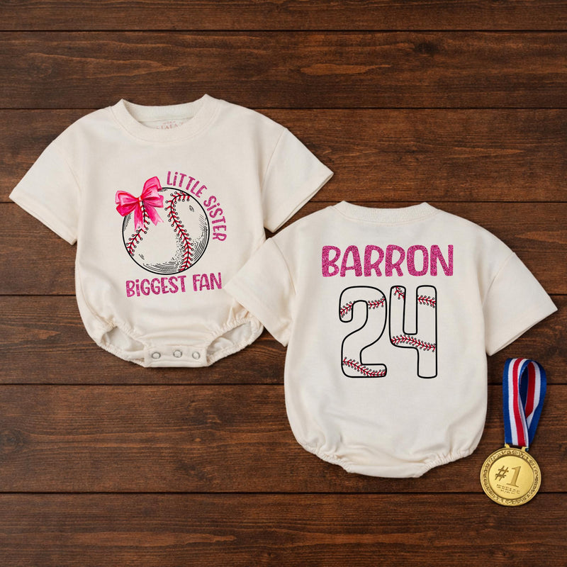 Custom Baseball Baby Romper for Little Sister, Biggest Fan Design, Personalized Name and Number, Matching Family Game Day Outfit