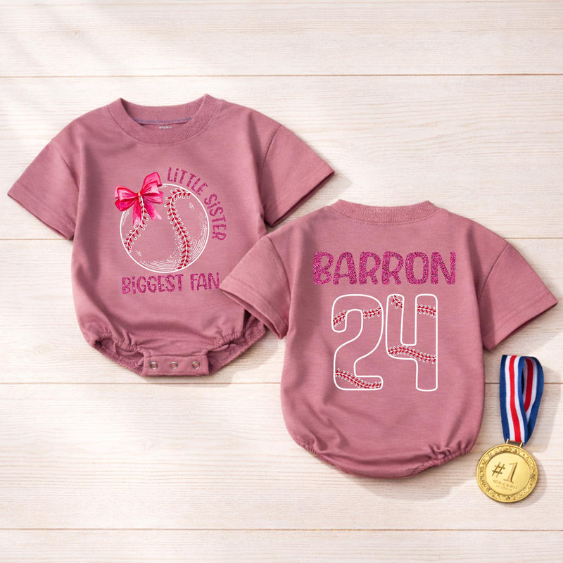 Custom Baseball Baby Romper for Little Sister, Biggest Fan Design, Personalized Name and Number, Matching Family Game Day Outfit