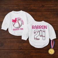 Custom Baseball Baby Romper for Little Sister, Biggest Fan Design, Personalized Name and Number, Matching Family Game Day Outfit