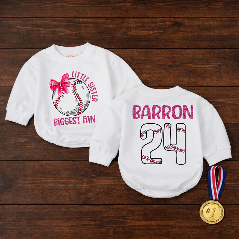 Custom Baseball Baby Romper for Little Sister, Biggest Fan Design, Personalized Name and Number, Matching Family Game Day Outfit
