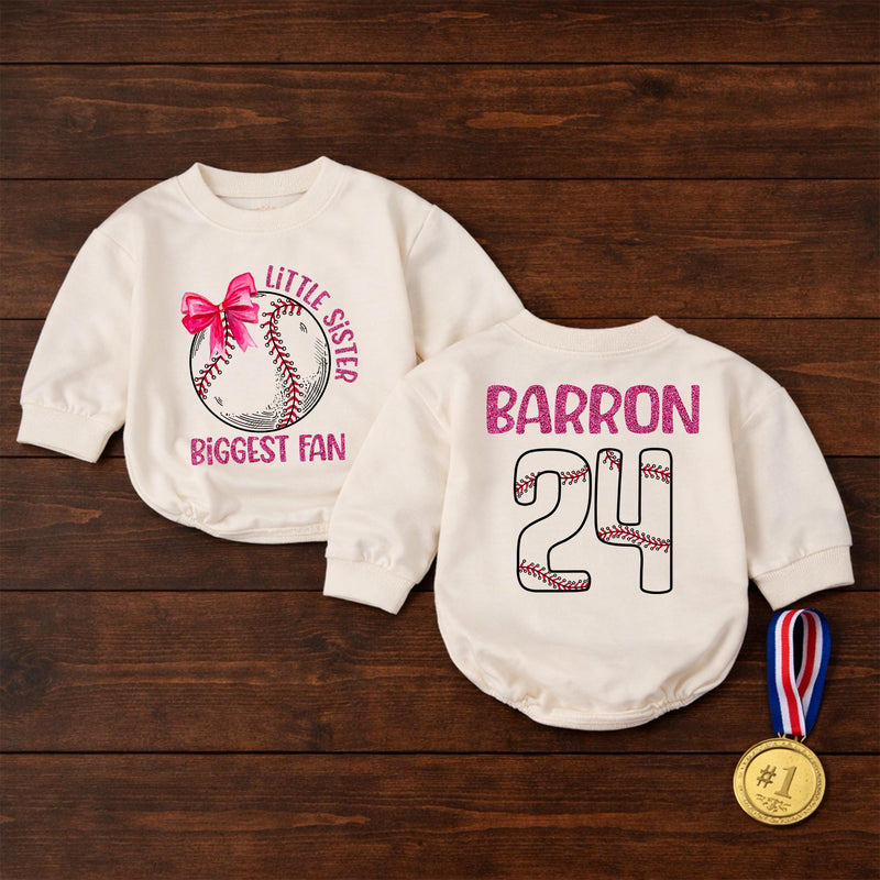 Custom Baseball Baby Romper for Little Sister, Biggest Fan Design, Personalized Name and Number, Matching Family Game Day Outfit