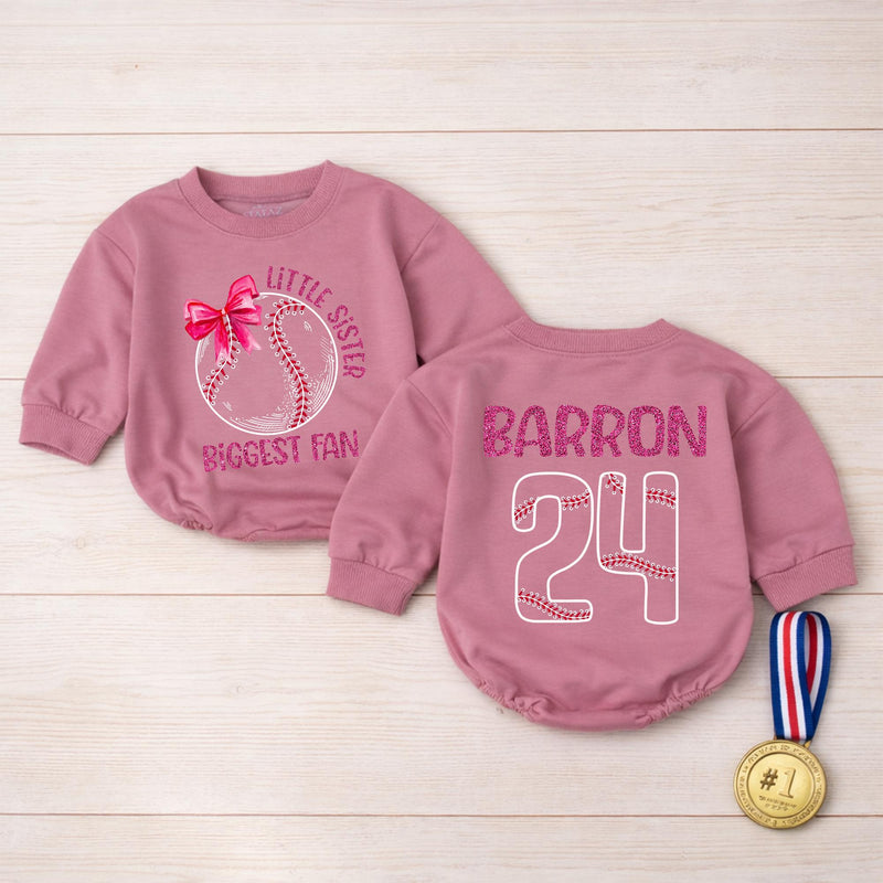 Custom Baseball Baby Romper for Little Sister, Biggest Fan Design, Personalized Name and Number, Matching Family Game Day Outfit