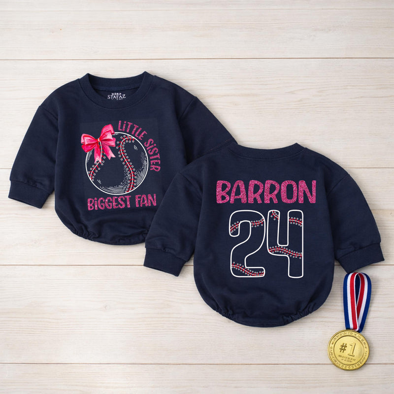 Custom Baseball Baby Romper for Little Sister, Biggest Fan Design, Personalized Name and Number, Matching Family Game Day Outfit