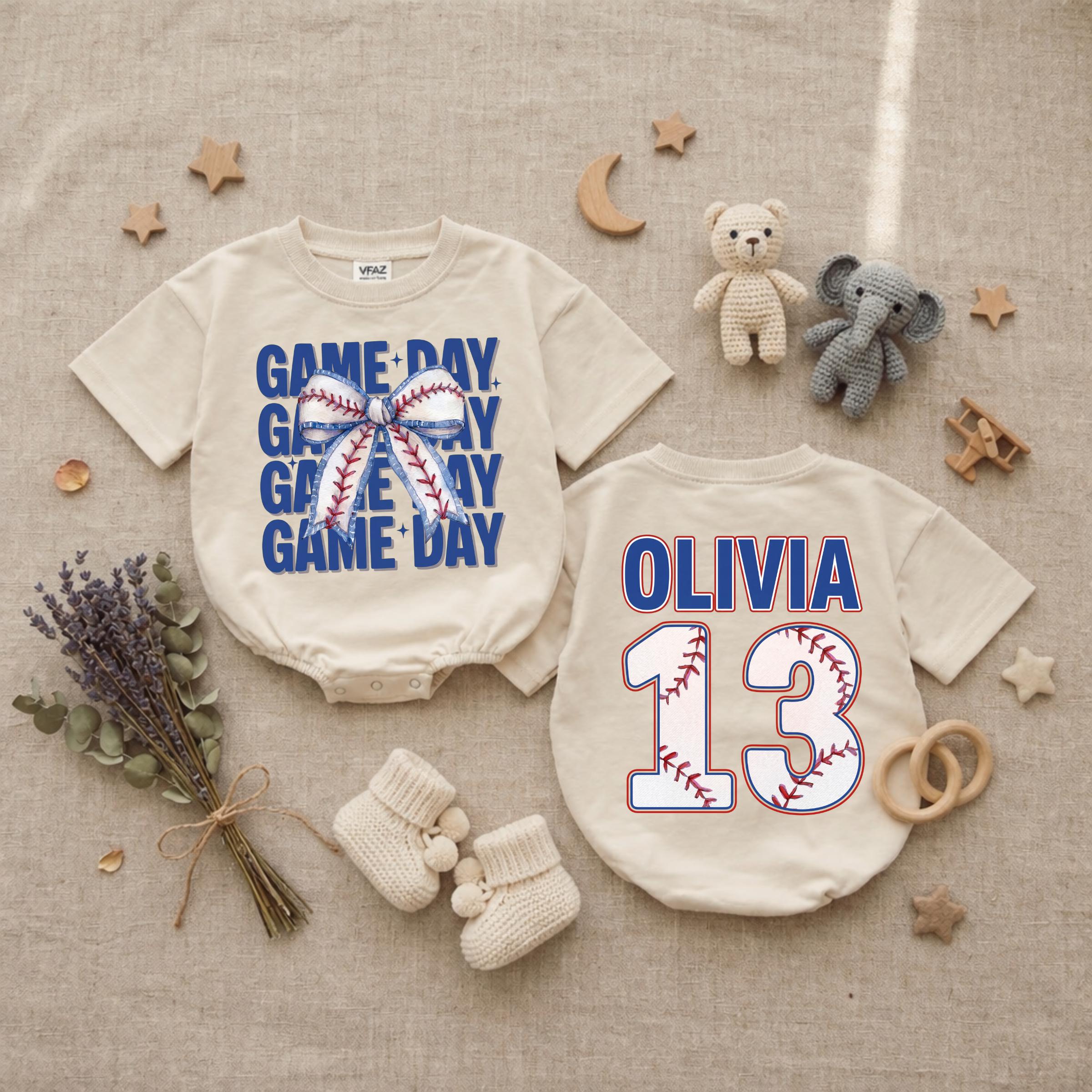 Custom Baseball Game Day Romper with Bow Design, Personalized Name & Jersey Number, Soft Cotton Infant Outfit for Sports Fans