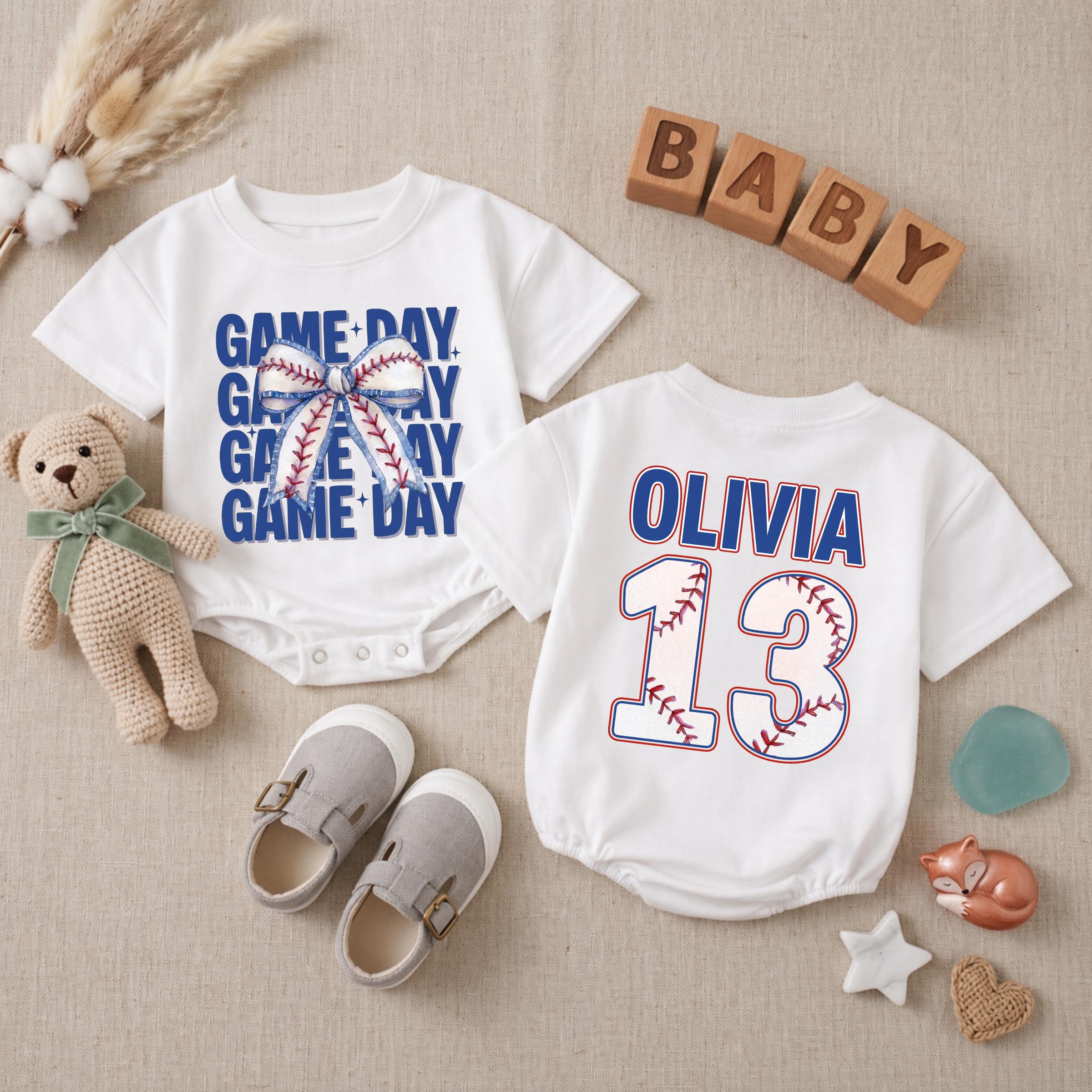 Custom Baseball Game Day Romper with Bow Design, Personalized Name & Jersey Number, Soft Cotton Infant Outfit for Sports Fans