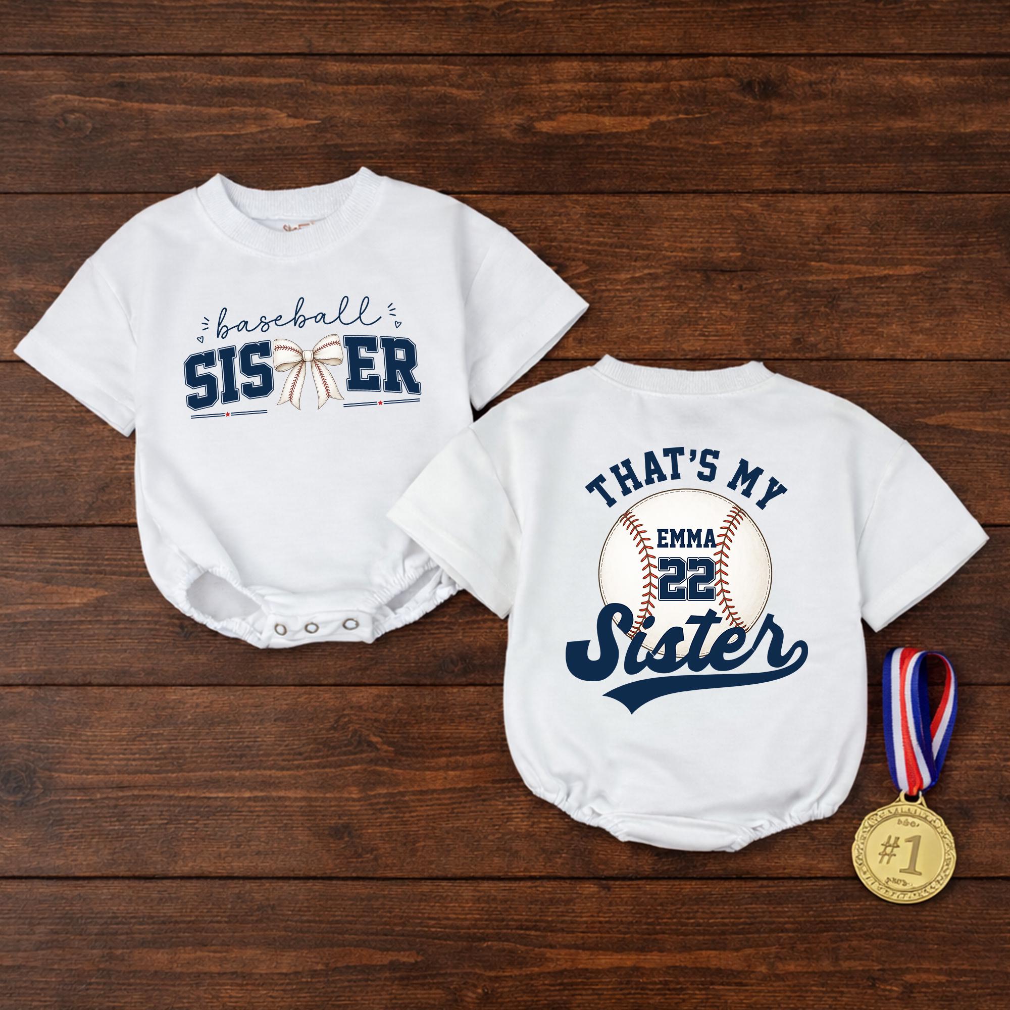 Custom Baseball Sister Baby Romper with Name & Number, Matching Family Game Day Outfit, Soft Cotton Toddler Clothes for Special Occasions
