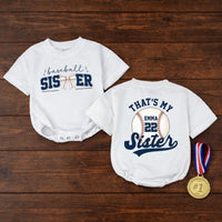 Custom Baseball Sister Baby Romper with Name & Number, Matching Family Game Day Outfit, Soft Cotton Toddler Clothes for Special Occasions