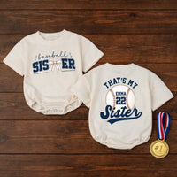 Custom Baseball Sister Baby Romper with Name & Number, Matching Family Game Day Outfit, Soft Cotton Toddler Clothes for Special Occasions