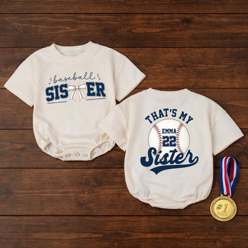 Custom Baseball Sister Baby Romper with Name & Number, Matching Family Game Day Outfit, Soft Cotton Toddler Clothes for Special Occasions