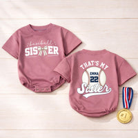 Custom Baseball Sister Baby Romper with Name & Number, Matching Family Game Day Outfit, Soft Cotton Toddler Clothes for Special Occasions