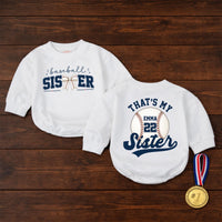 Custom Baseball Sister Baby Romper with Name & Number, Matching Family Game Day Outfit, Soft Cotton Toddler Clothes for Special Occasions