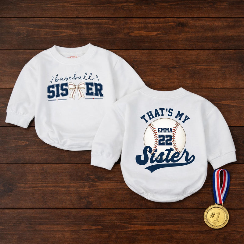 Custom Baseball Sister Baby Romper with Name & Number, Matching Family Game Day Outfit, Soft Cotton Toddler Clothes for Special Occasions